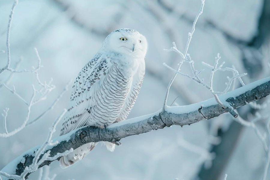 Eine Schnee-Eule thront auf einem Baum