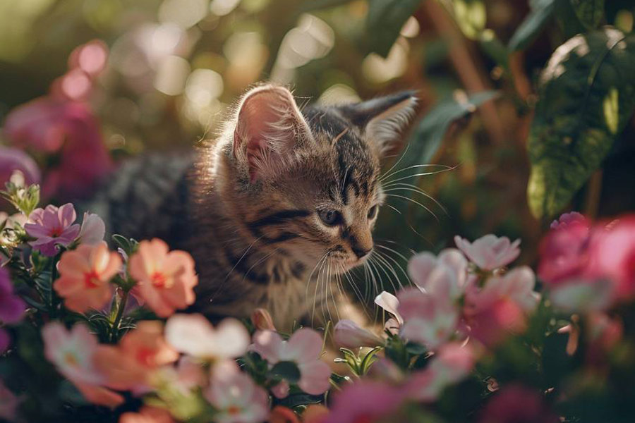 Gatito en un jardín con flores florecientes.