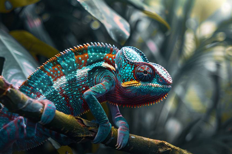 Levendige kameleon die zich vastklampt aan een tak