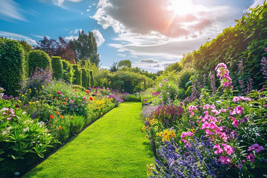 Urokliwy angielski ogród z mieszanką kolorowych przepływów