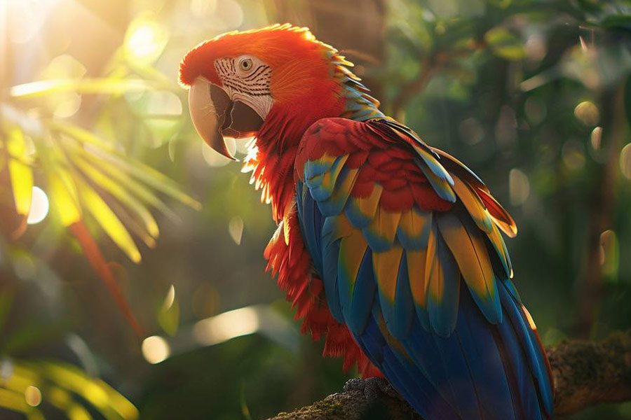 Ein bunter Papagei thront auf einem Ast in einem tropischen