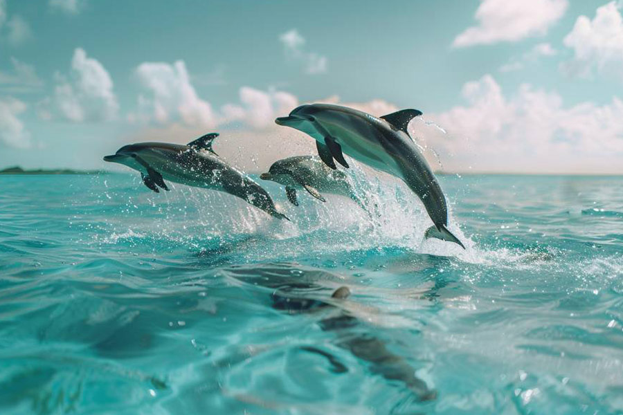Grupo juguetón de delfines