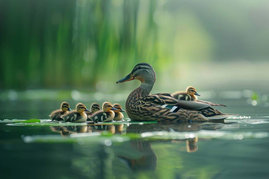 Imagen de una madre pato guiando a sus patitos