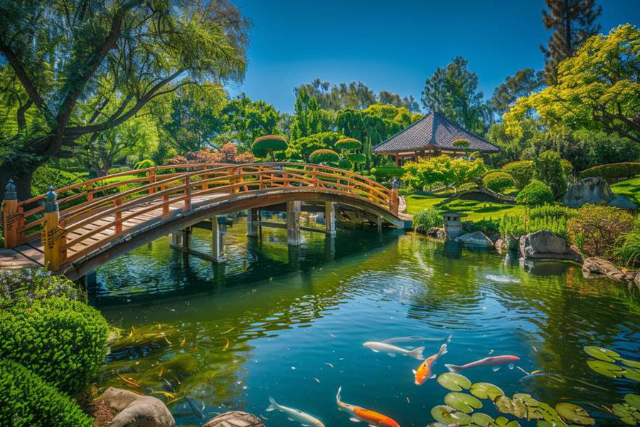 Koiteich mit geschwungener Brücke