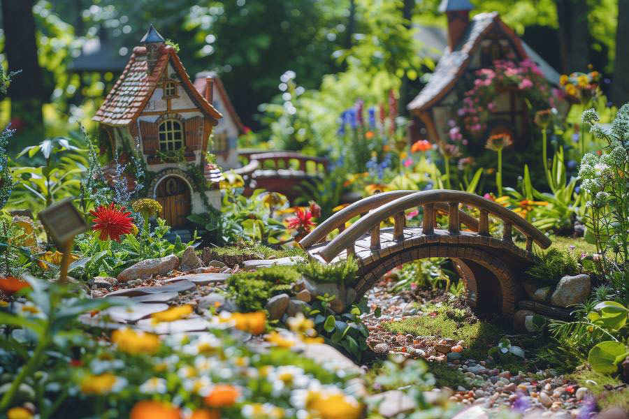 Ein wunderlicher Feengarten mit Miniaturhäusern Tiny House