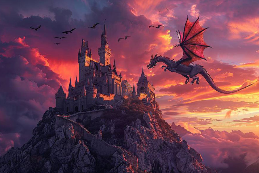 Ein Drache fliegt um das Schloss