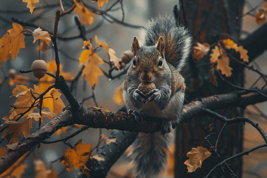 Una ardilla curiosa posada en la rama de un árbol sosteniendo nueces.