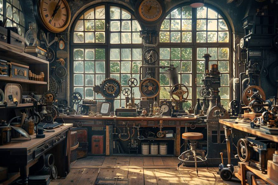 Zauberhafte Steampunk-Werkstatt voller toller Erfindungen