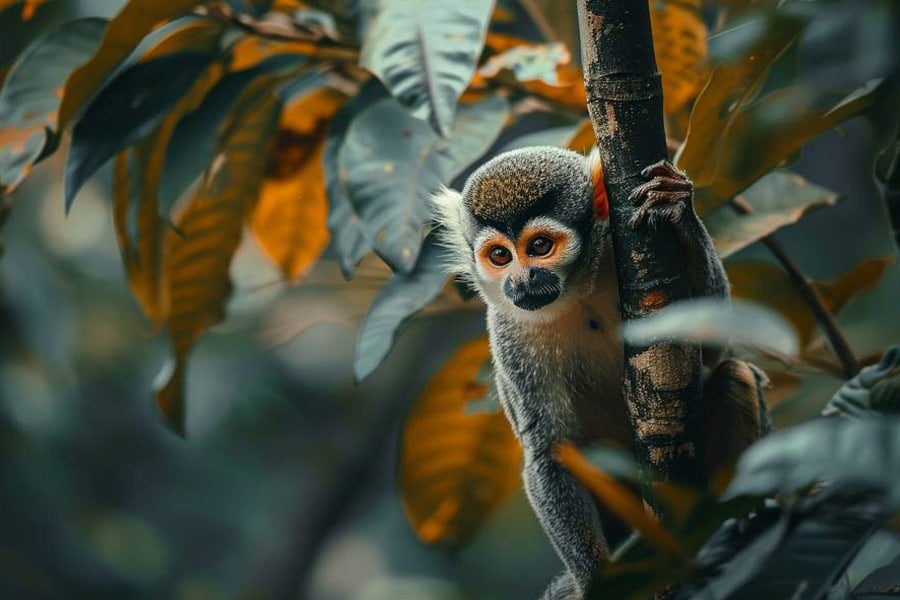 Un mono curioso colgando de la rama de un árbol.