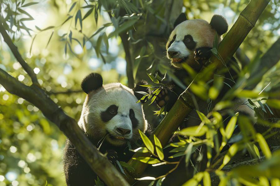 Pandas juguetones en el bambú