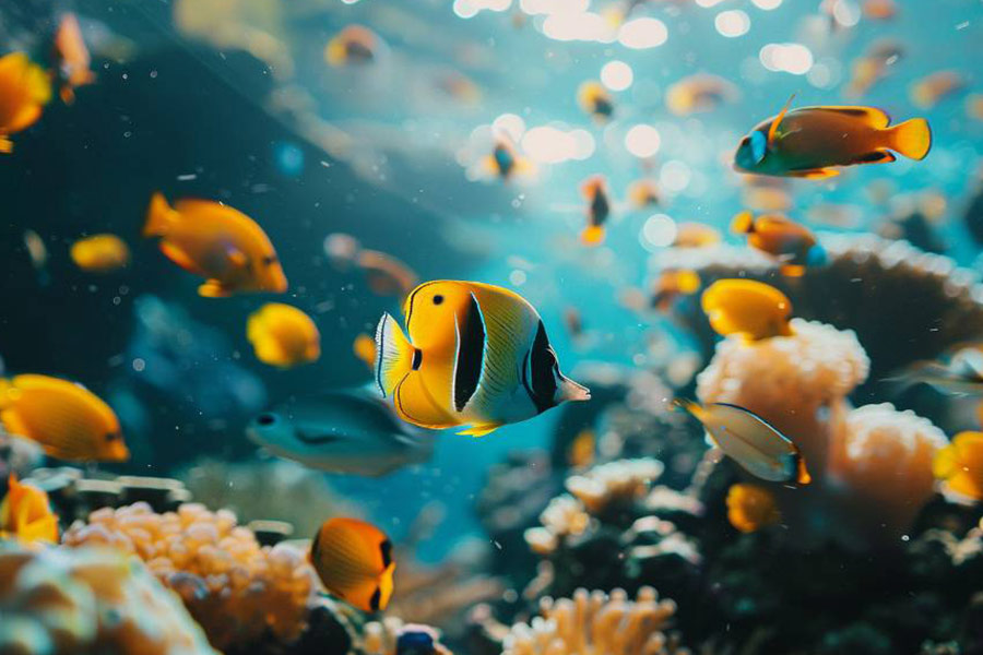 Peces de colores nadando entre ellos