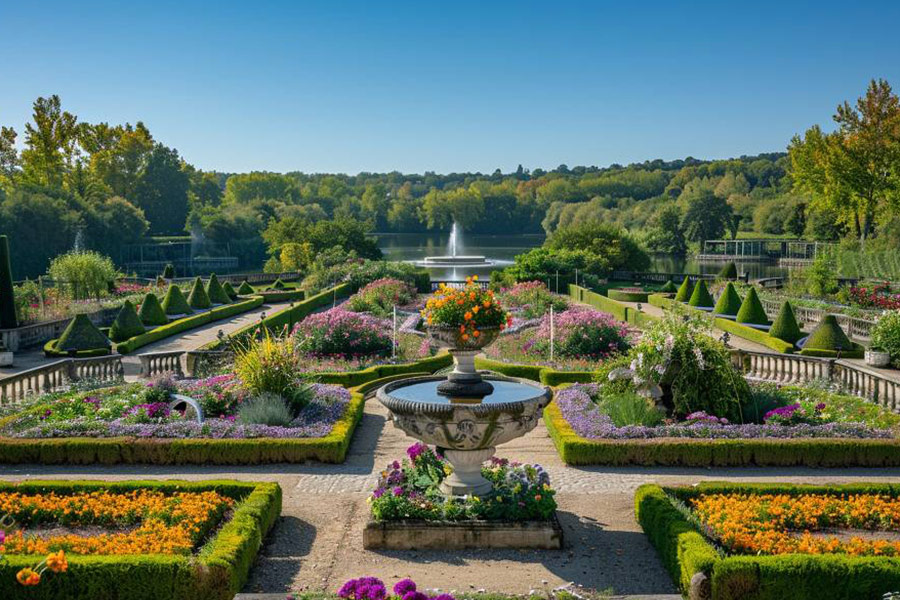 Ein formeller französischer Garten, ordentlich geschnitten