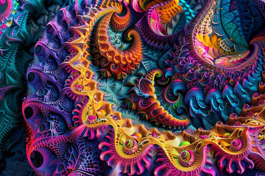 Ein komplexes buntes Muster aus überlappenden Fraktalen