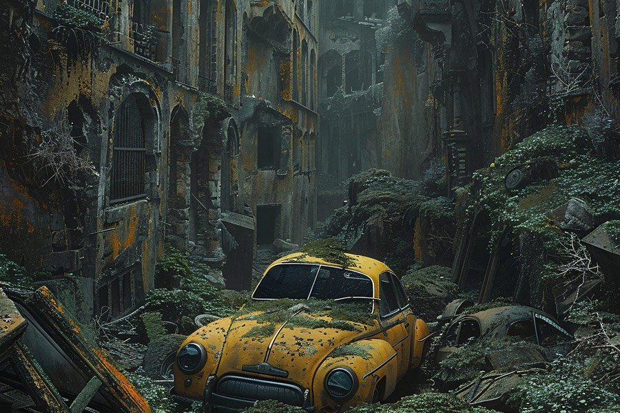 Verlassenes kleines gelbes Auto in den Ruinen