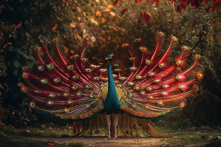 Un bellissimo pavone che mostra la sua coda piena e colorata