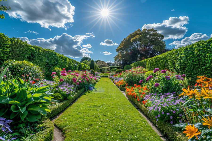Ein bezaubernder englischer Garten mit einer Mischung aus bunten Blumen