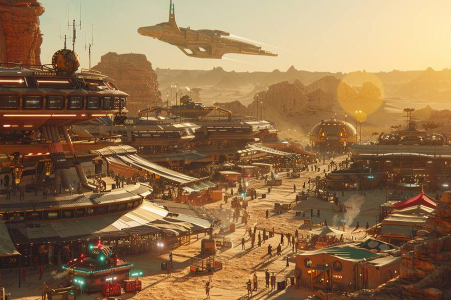 Ein geschäftiger Weltraumbahnhof auf einem fernen Planeten