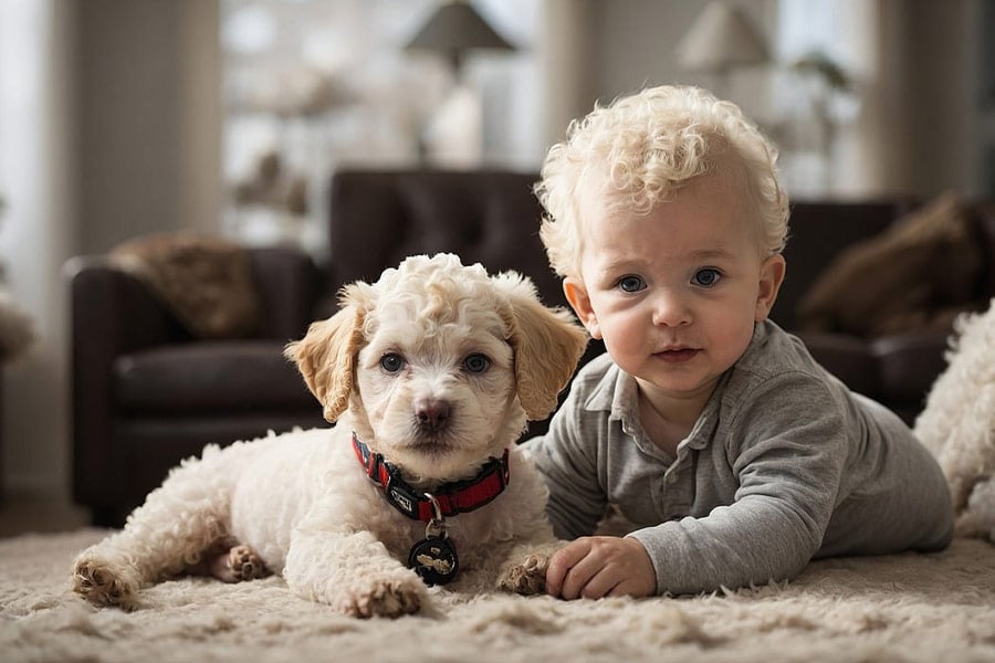 Welpe weiß und Babybild