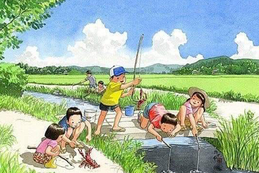 Kinder malen und spielen am Flussufer